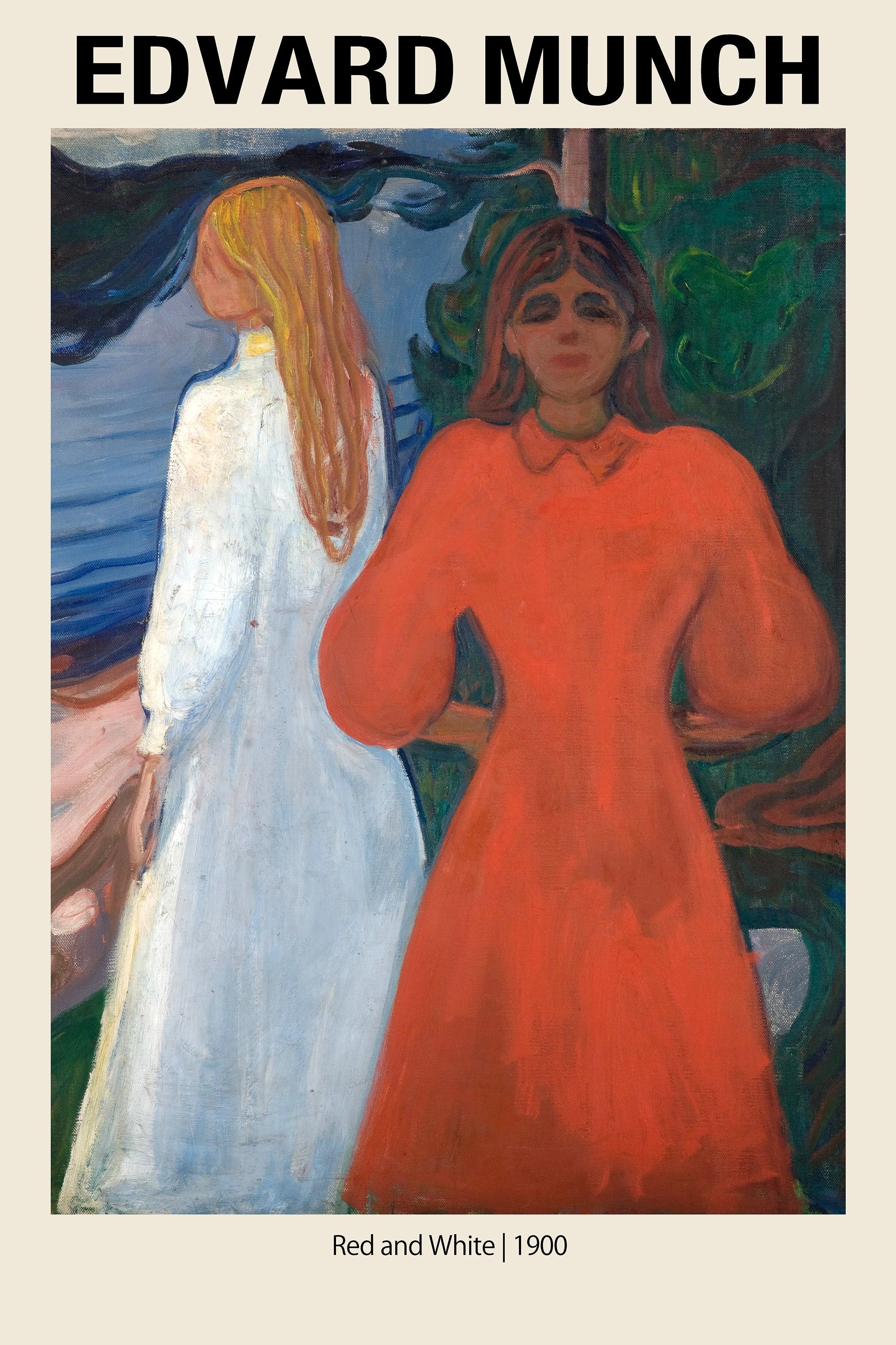High-quality reproduction of Edvard Munch's 1900 oil painting "Red and White," featuring two women against a dark landscape backdrop.