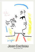 Stylized minimalist profile portrait drawing by Jean Cocteau, titled 'Reflection (Bulls)' from 1965, featuring thick black line work and splashes of primary colors.