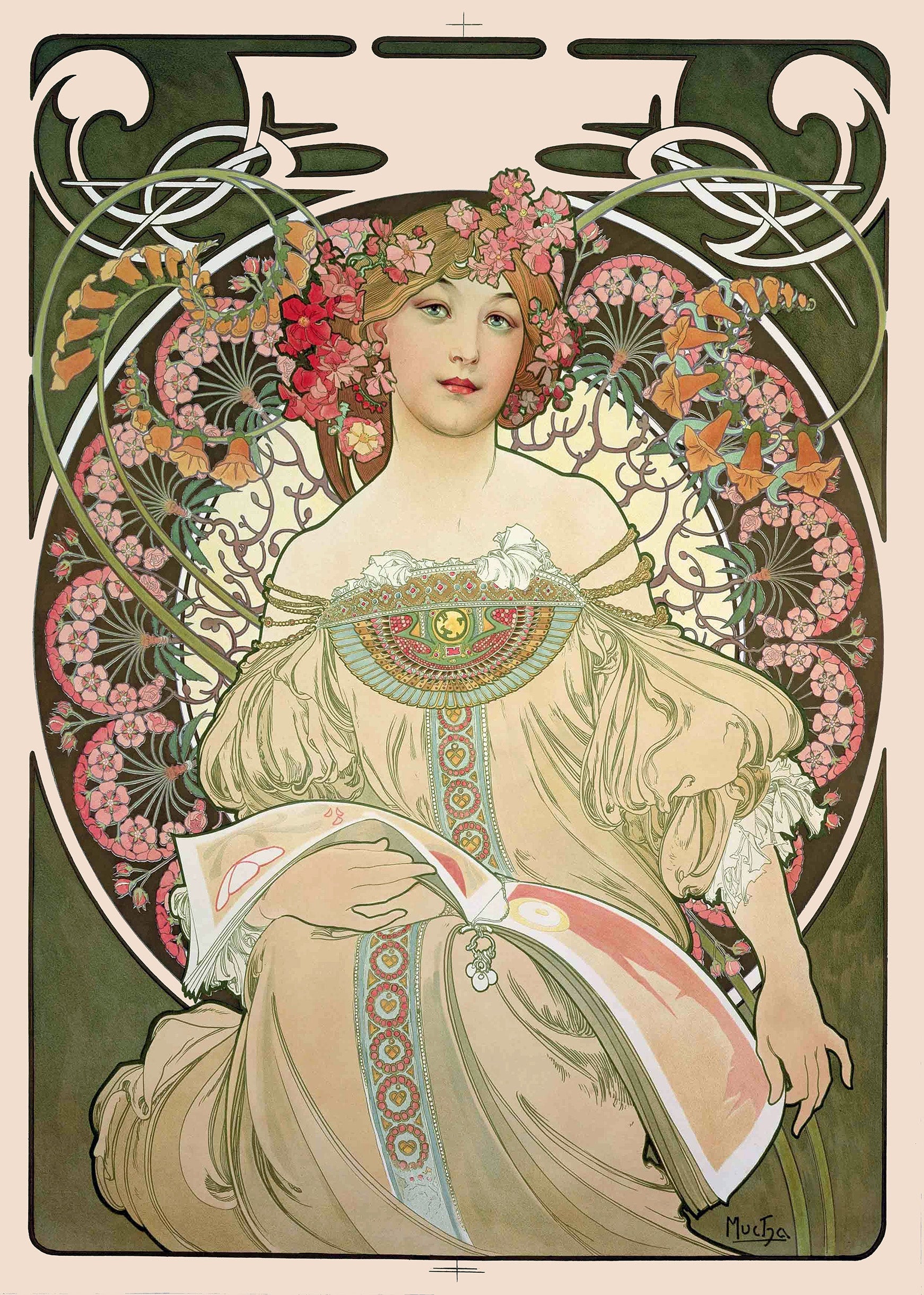 Alphonse Mucha Art Nouveau print featuring a beautiful woman with a floral crown, ornate jewelry, and a swirling, detailed green and pink botanical background.