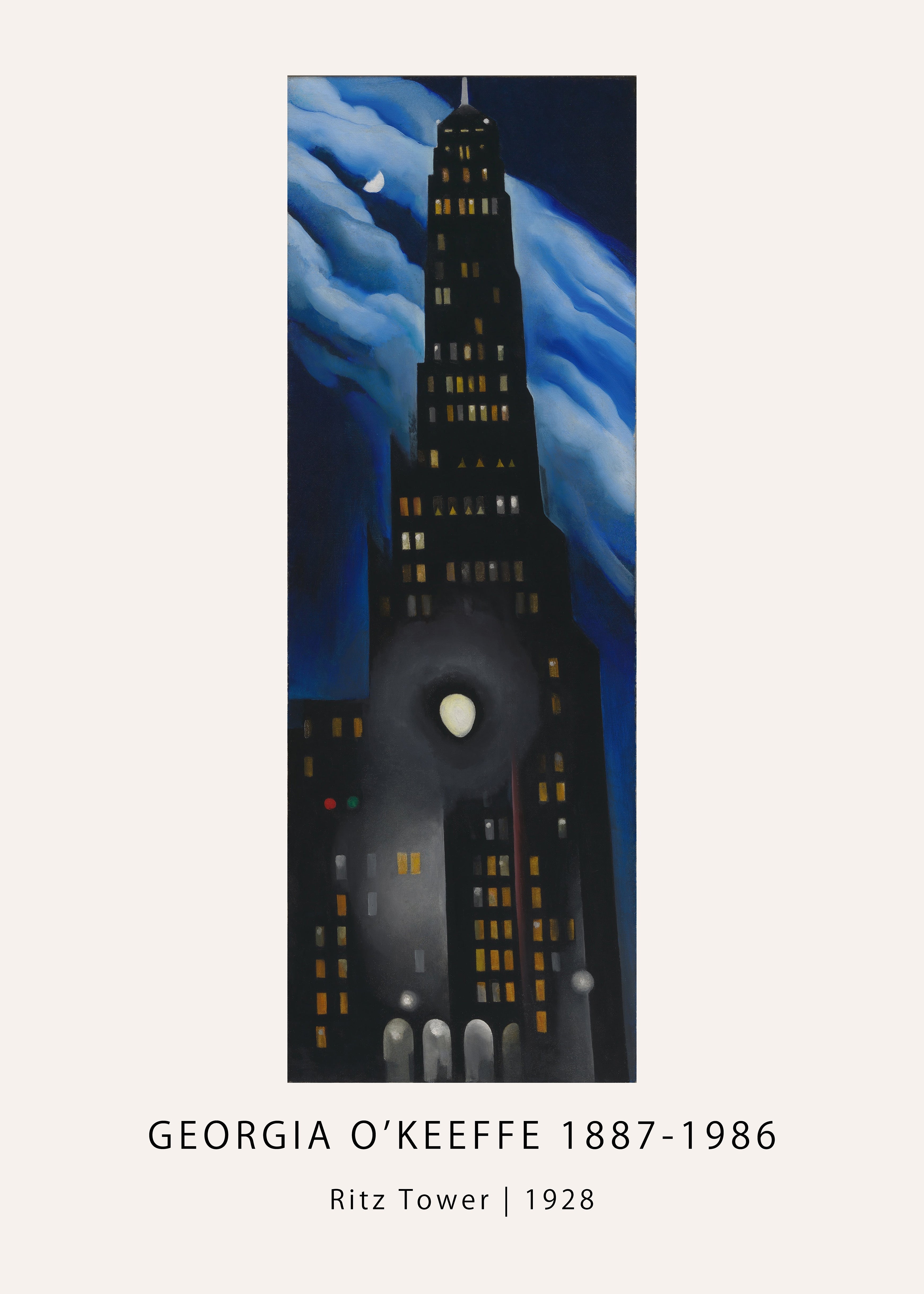 Georgia O'Keeffe’s "Ritz Tower" painting from 1928, showing the dark New York skyscraper illuminated at night beneath a crescent moon and swirling blue clouds.