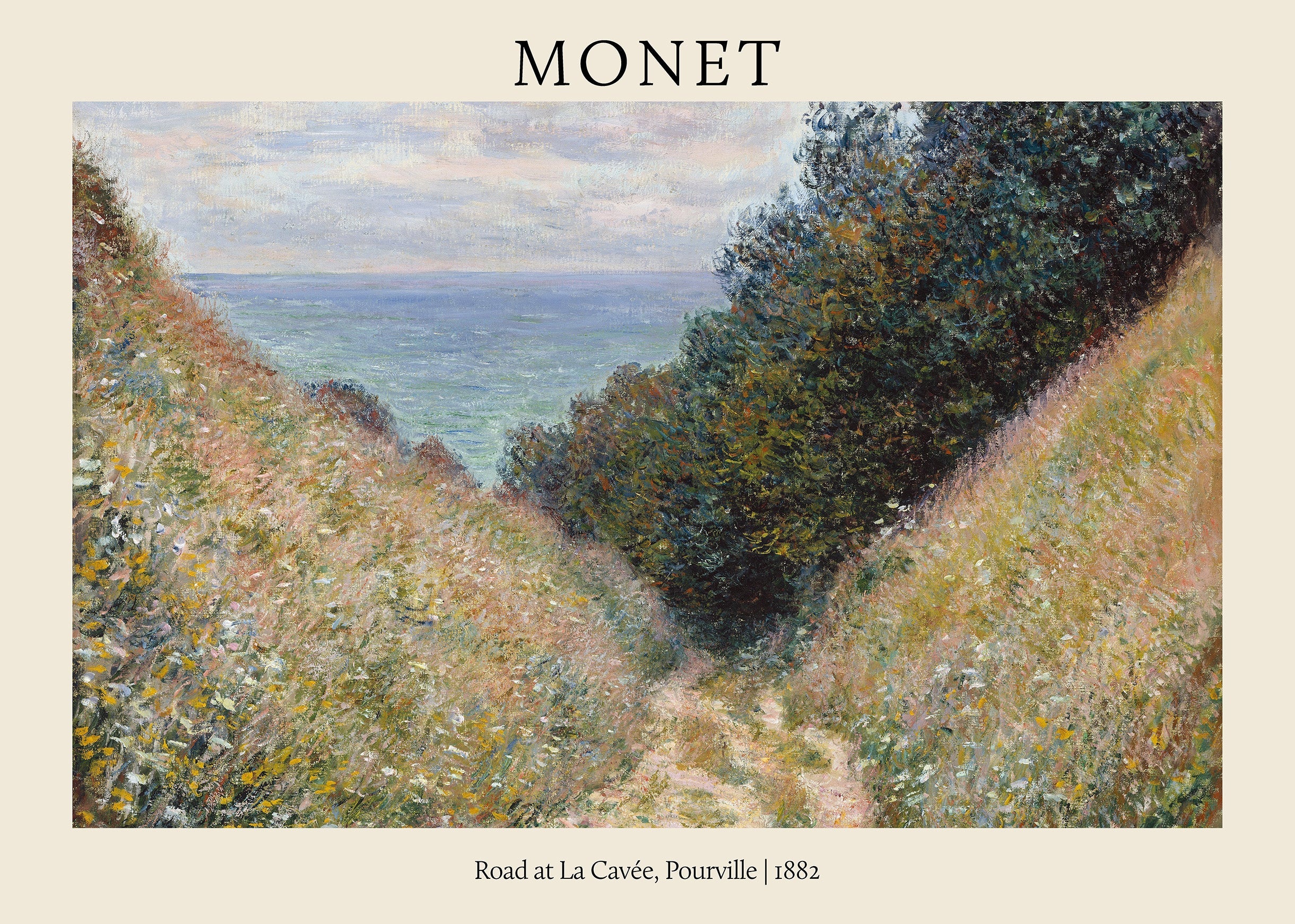 Claude Monet oil painting, Road at La Cavée, Pourville (1882), showing a grassy path descending between cliffs toward the vivid blue ocean. Impressionist brushstrokes.