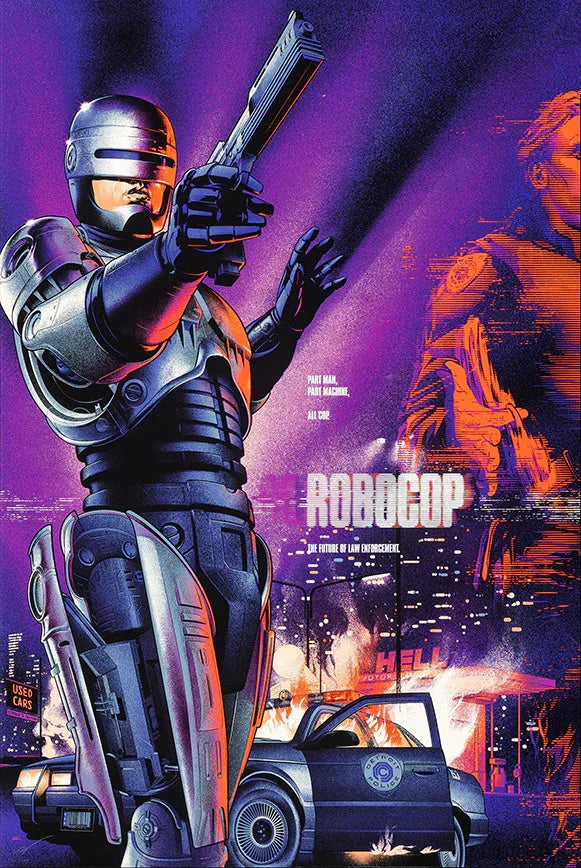 RoboCop in futuristic armor aiming gun with burning police car and city background in purple and orange hues