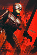 RoboCop robot police officer in metallic armor with futuristic gun against a red sci-fi background