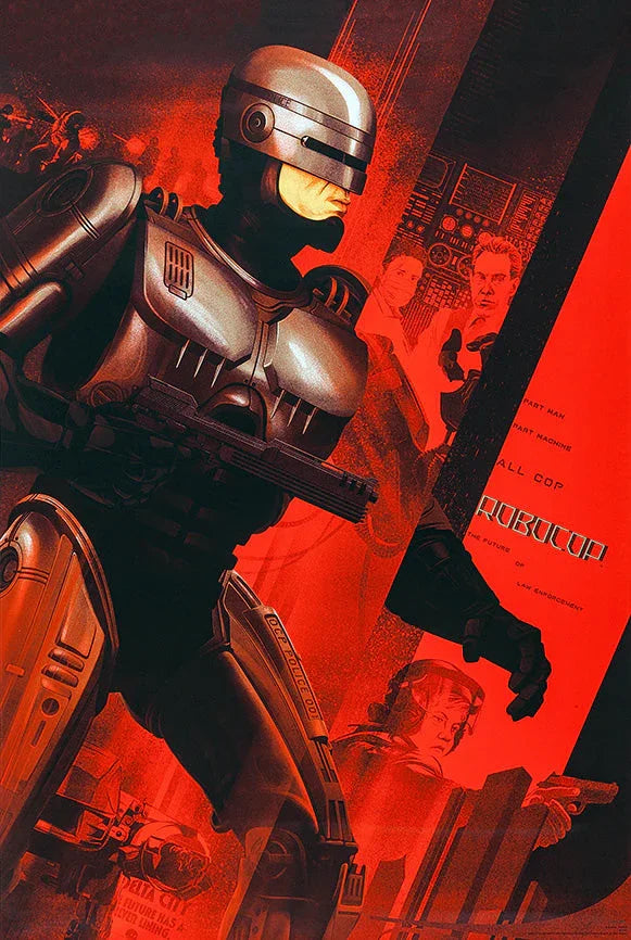 RoboCop robot police officer in metallic armor with futuristic gun against a red sci-fi background