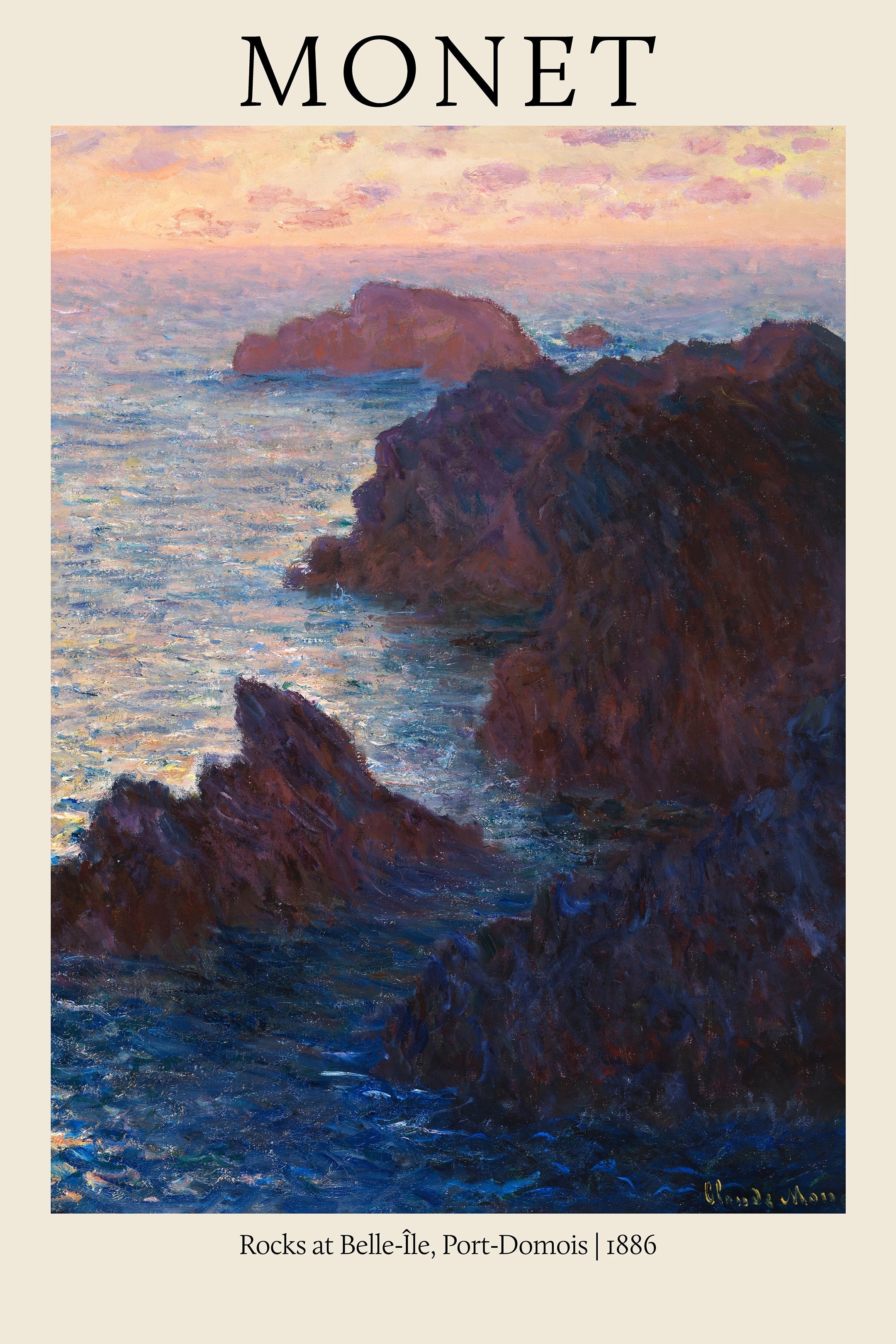 Claude Monet painting of deep blue water crashing against dark, jagged rocks at the coast of Belle-Île at sunset.