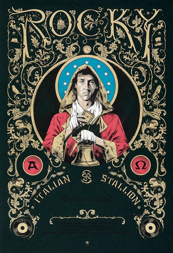 Vintage-style Rocky film poster featuring Sylvester Stallone in boxing robe with ornate gold floral designs