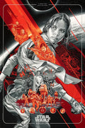 Star Wars Rogue One movie poster featuring main characters, stormtroopers, and space battle in red and black art style