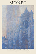 Impressionist painting by Claude Monet titled Rouen Cathedral Façade, 1894, showing the gothic architecture rendered in thick, heavily textured blue and lavender paint strokes.