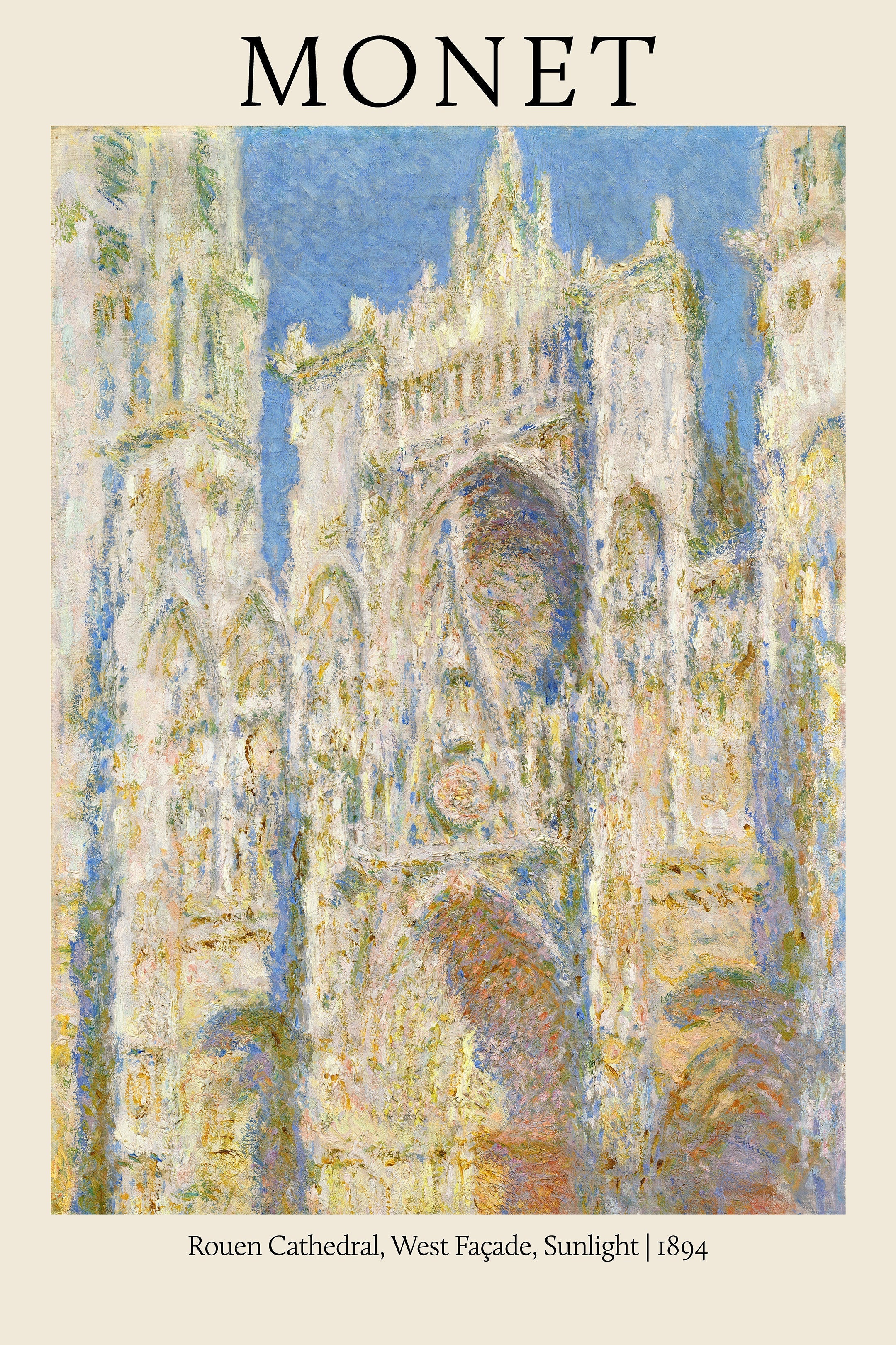 Claude Monet's 1894 Impressionist painting of the Rouen Cathedral, West Façade, emphasizing sunlight and textured brushwork.