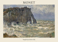 Oil painting by Claude Monet titled "Rough Sea at Etretat," depicting turbulent waves crashing against dark, jagged coastal cliffs.
