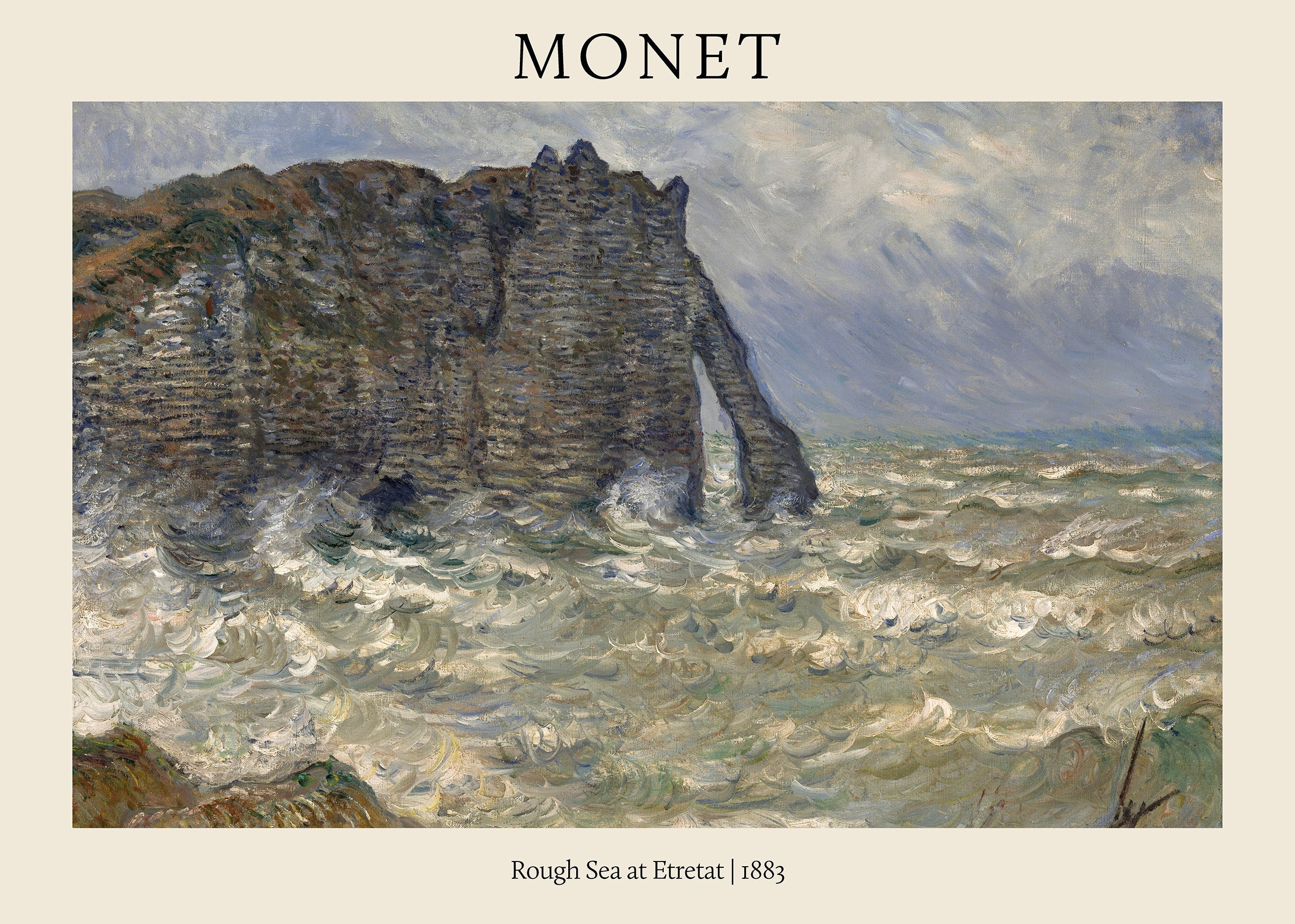 Oil painting by Claude Monet titled "Rough Sea at Etretat," depicting turbulent waves crashing against dark, jagged coastal cliffs.
