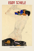 Egon Schiele drawing, "Rückenakt mit buntem Tuch" (1911), depicting a pale nude figure from the back with a colorful abstract head. Expressionist figurative art.