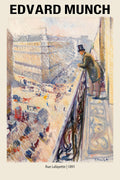 Oil painting by Edvard Munch showing a man in a top hat looking down from an ornate balcony onto the busy street of Rue Lafayette, Paris, 1891.