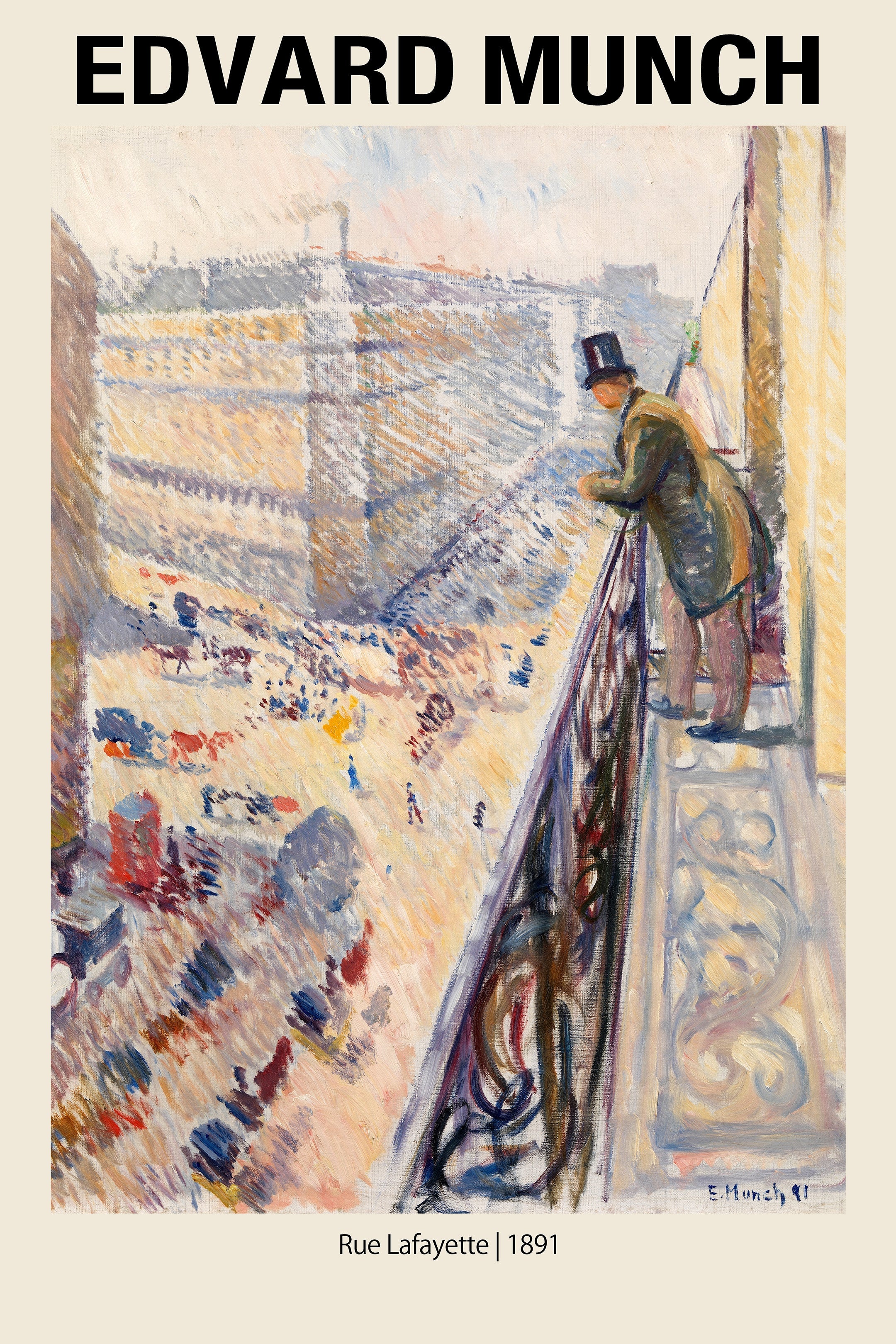 Oil painting by Edvard Munch showing a man in a top hat looking down from an ornate balcony onto the busy street of Rue Lafayette, Paris, 1891.