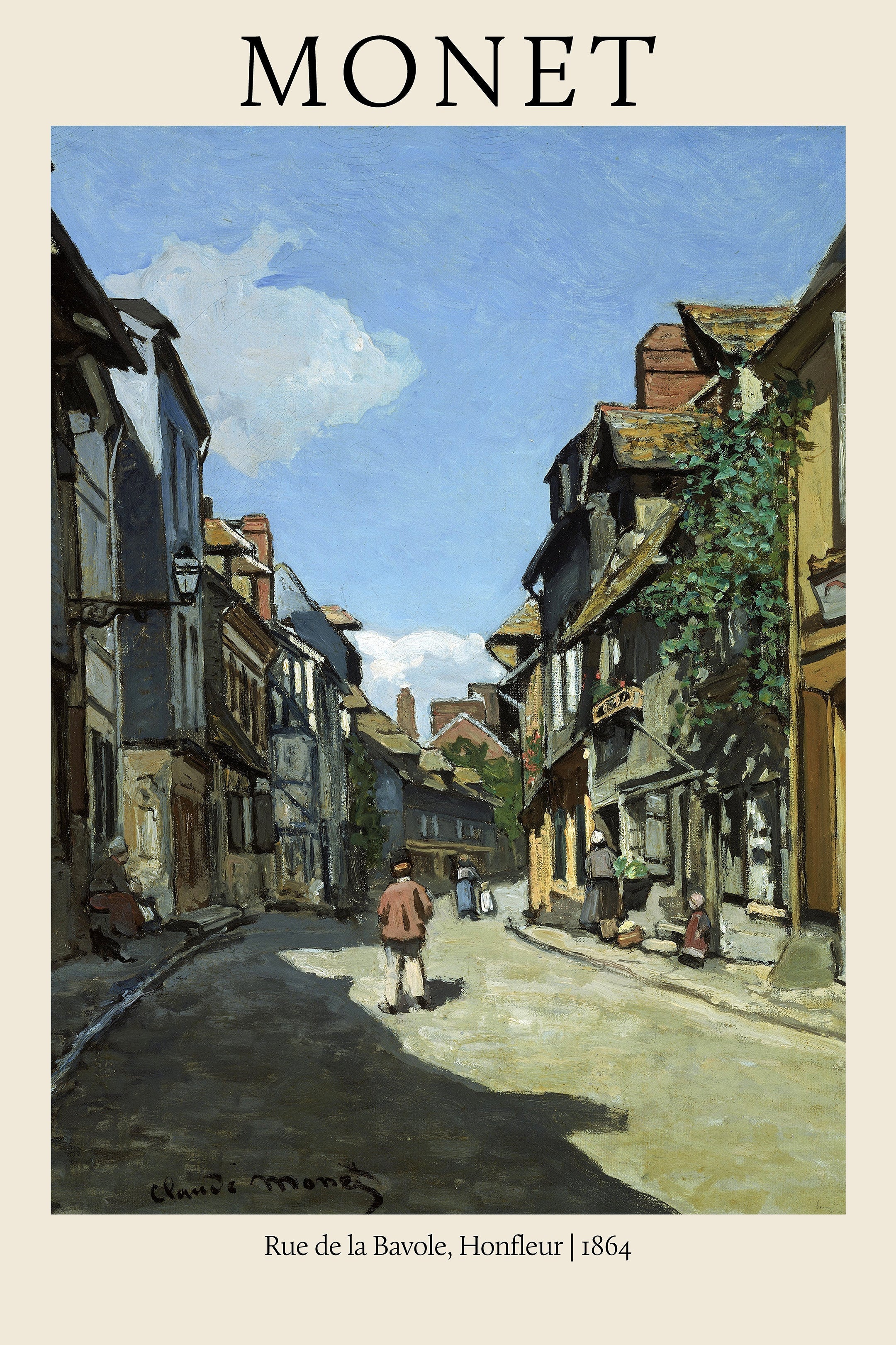 Oil painting by Claude Monet titled "Rue de la Bavole, Honfleur" (1864), depicting a shadowed, narrow French village street lined with old buildings under a bright blue sky.