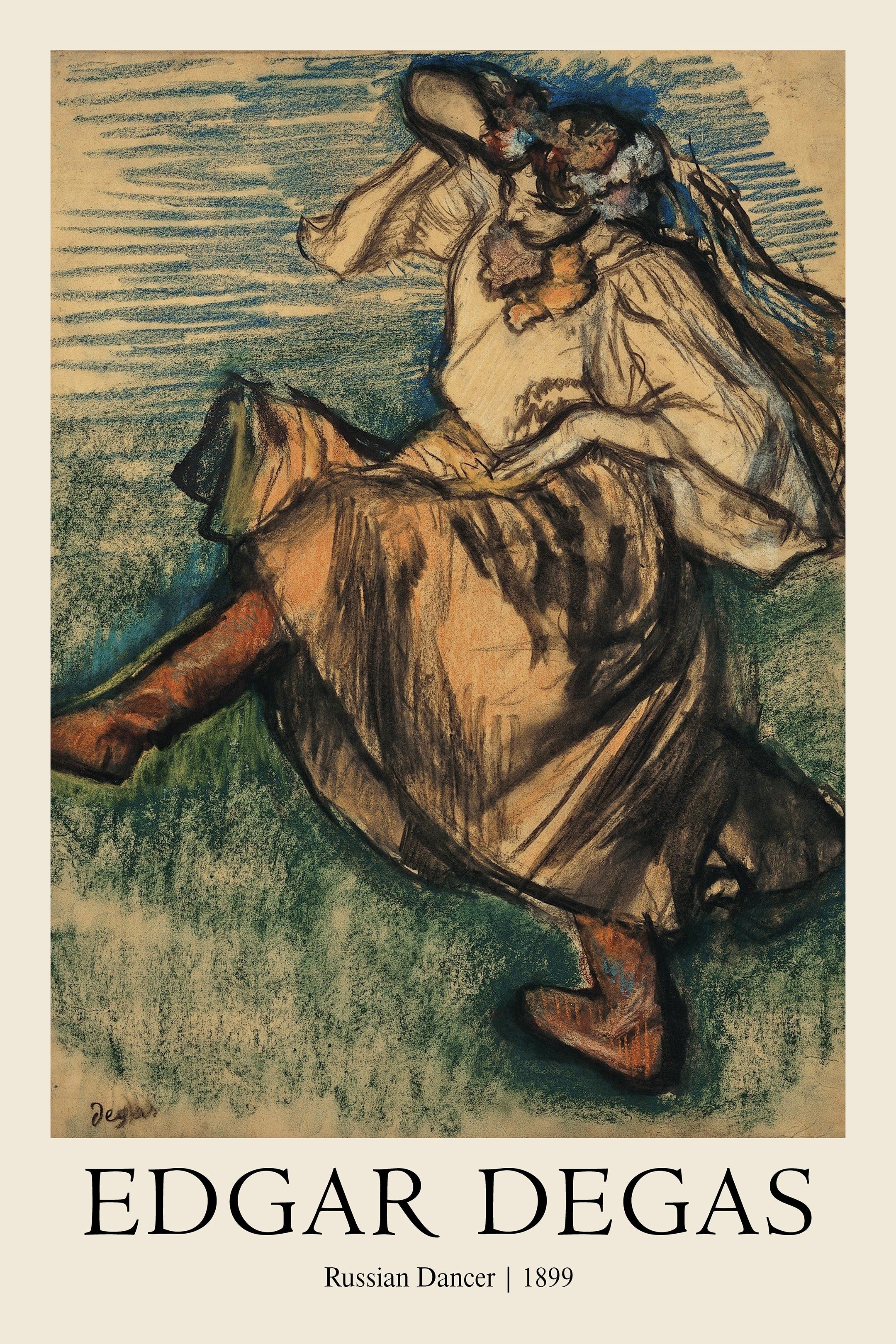 Dynamic drawing by Edgar Degas titled Russian Dancer (1899), featuring a figure captured in motion using textured pastel and charcoal strokes.