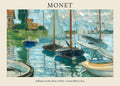 Claude Monet painting showing several small sailboats moored on the shimmering blue Seine River in France, 1874. Impressionist technique.