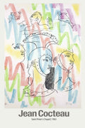 A 1963 Jean Cocteau drawing featuring abstract figures and fish outlined in black over a vibrant, crayon-colored background of red, green, and blue zigzags, signed and numbered.