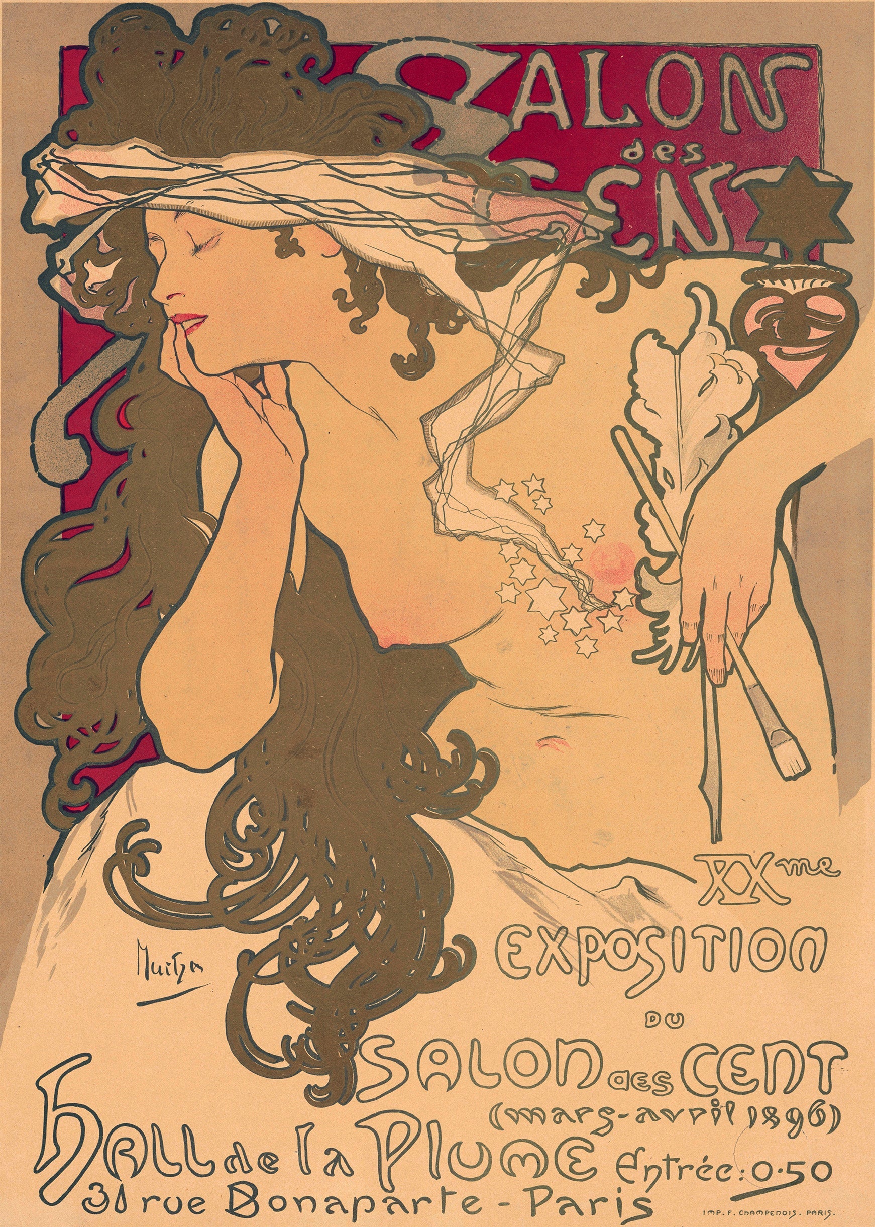 Alphonse Mucha Salon des Cent poster (1896) showing an allegorical, blindfolded woman in classic Art Nouveau style, holding art tools.