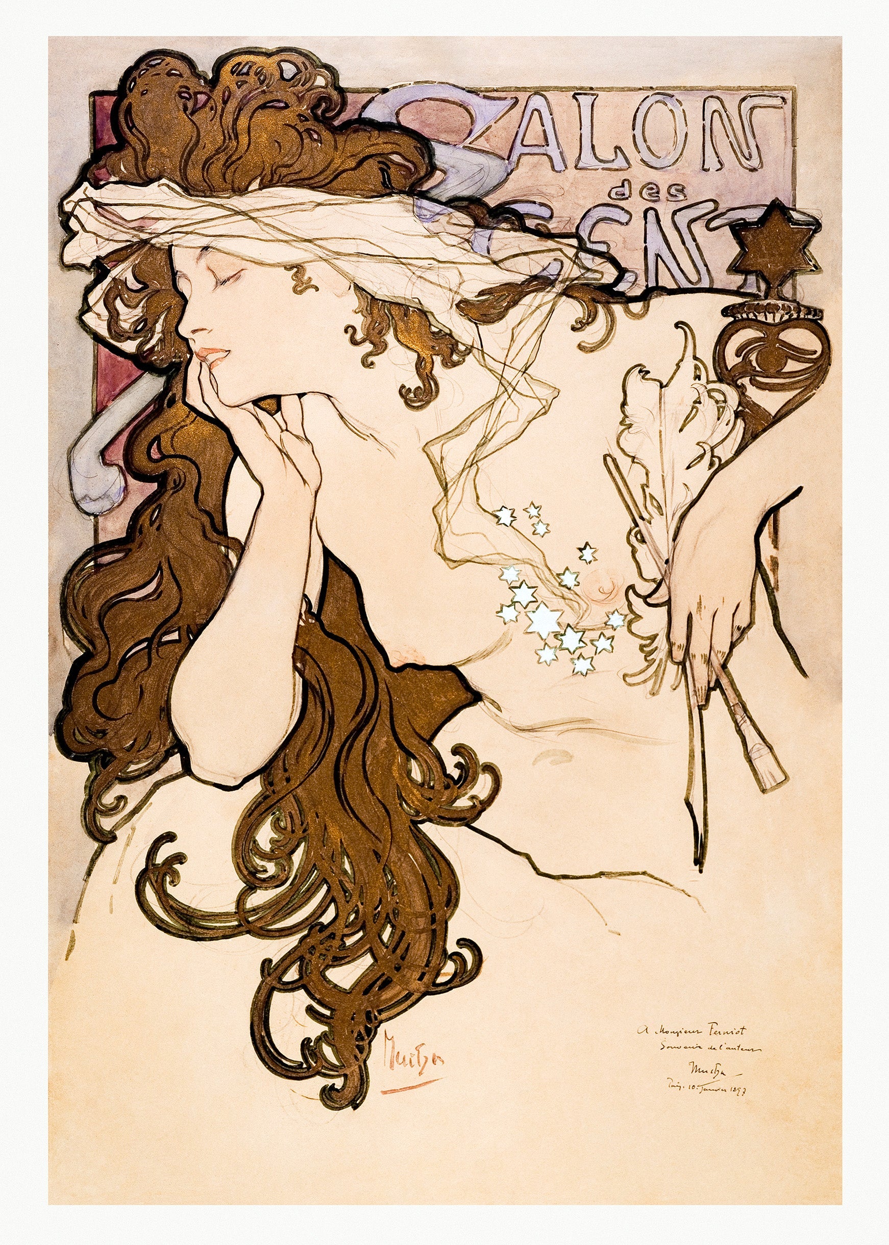 Alphonse Mucha's "Salon des Cent" (1897) sketch featuring a reclining woman with long brown hair, delicate stars, and holding art brushes.