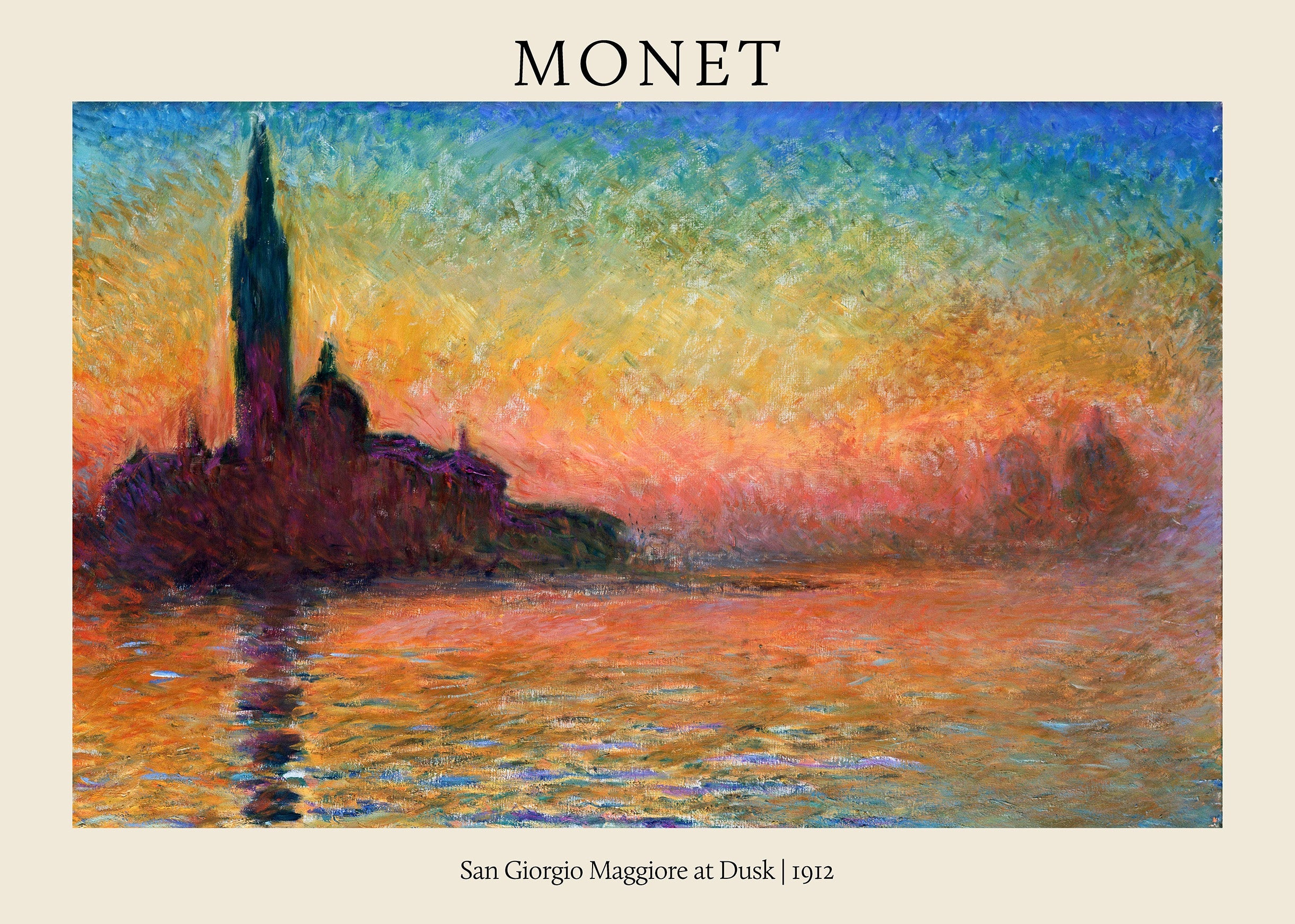 Claude Monet's "San Giorgio Maggiore at Dusk," a fiery Impressionist oil painting of the Venice church silhouetted against an orange and blue sky.