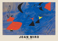 Joan Miró 1939 untitled painting reproduction. Surrealist composition featuring a deep blue field, red biomorphic figure, black crescent, and flying bird shape.