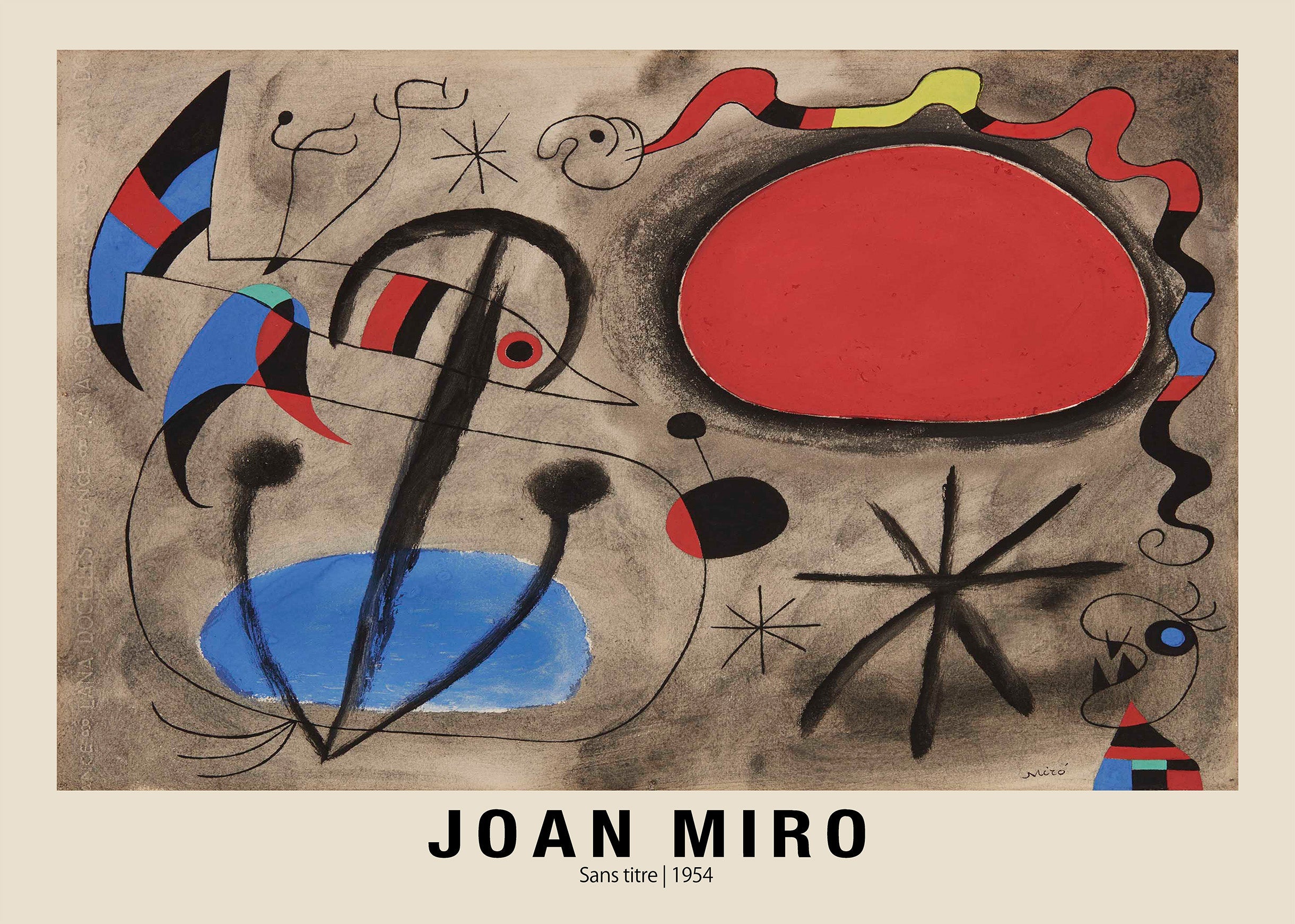 Vintage lithograph print by Joan Miró (1954) showing abstract biomorphic figures, a large red sun, and bright blue shapes on a gray ground.