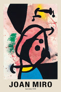 Surrealist abstract painting by Joan Miro from 1970, showing black brushstrokes over a pink and yellow splattered background with accents of blue and green.