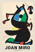 Iconic 1977 abstract composition by Joan Miró featuring sweeping black ink lines and blocks of primary and secondary color against a beige background.