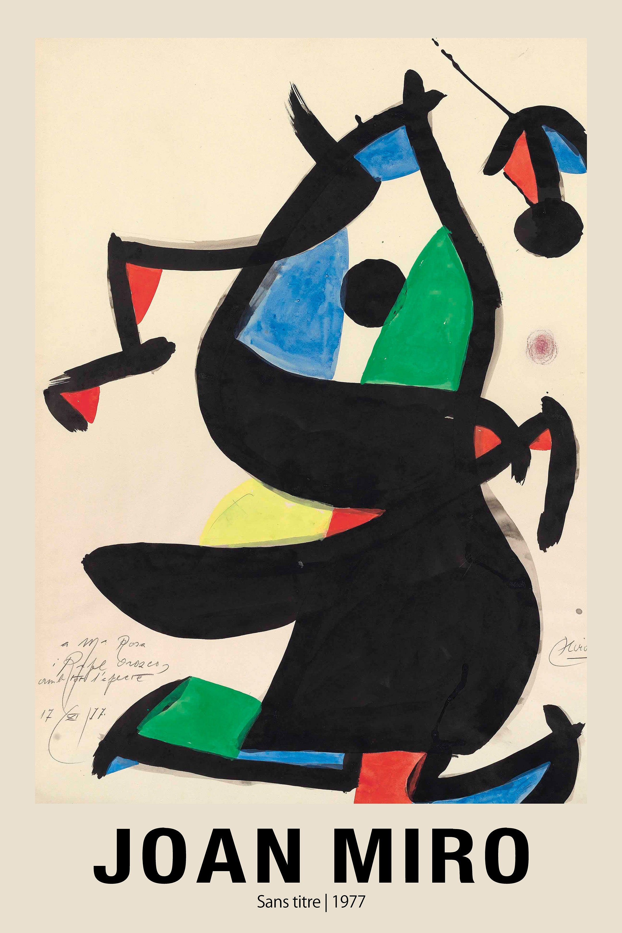 Iconic 1977 abstract composition by Joan Miró featuring sweeping black ink lines and blocks of primary and secondary color against a beige background.