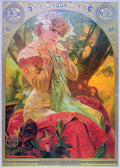 Alphonse Mucha Art Nouveau 1904 poster depicting a contemplative woman wearing flowing gold and red robes and a crown of white lilies.