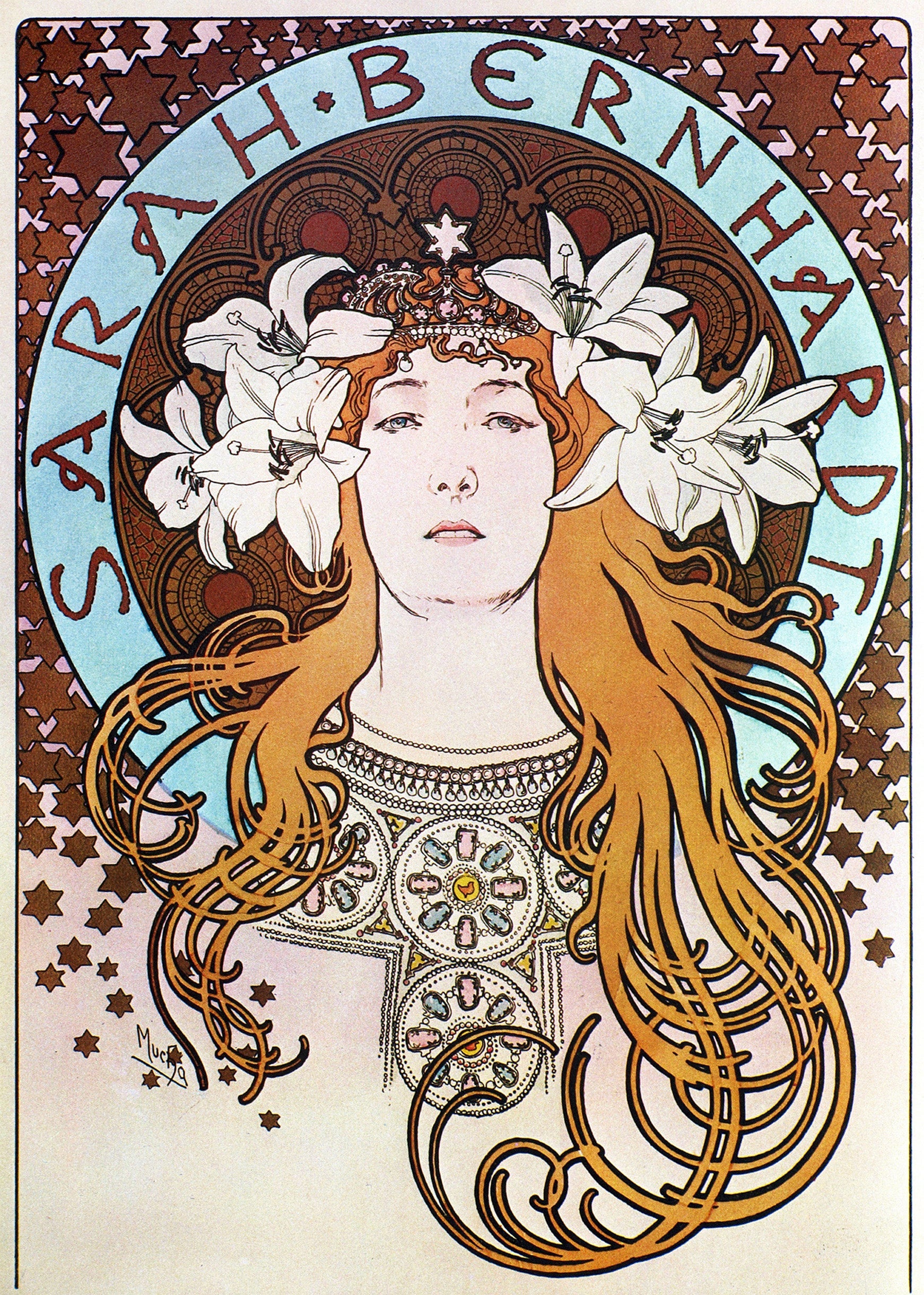 Alphonse Mucha lithograph featuring Sarah Bernhardt, styled in Art Nouveau curves, white lilies, and flowing amber hair.