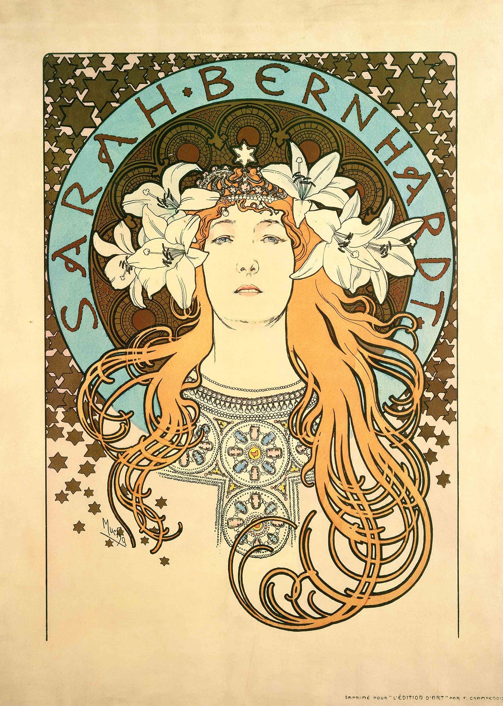 Alphonse Mucha poster art featuring Sarah Bernhardt as a goddess, adorned with white lilies, red hair, and a jeweled crown in classic Art Nouveau style.