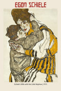 Egon Schiele drawing, "Wife with Little Nephew" (1915). Expressionist figurative artwork showing a motherly embrace using mustard yellow and raw charcoal lines.