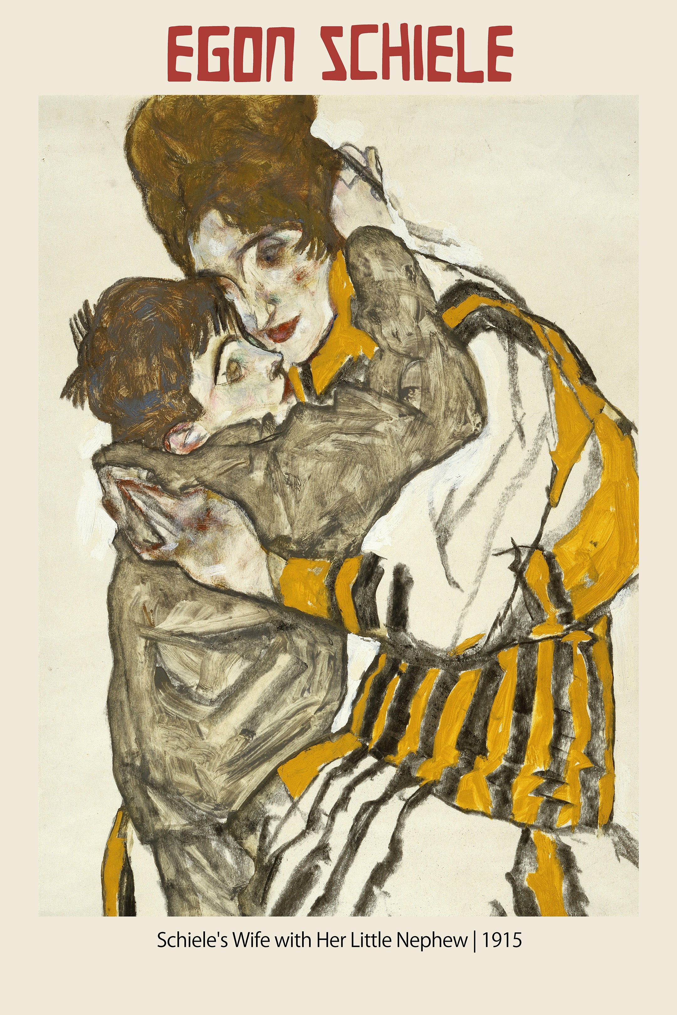 Egon Schiele drawing, "Wife with Little Nephew" (1915). Expressionist figurative artwork showing a motherly embrace using mustard yellow and raw charcoal lines.