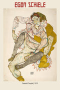 Egon Schiele Seated Couple (1915) drawing featuring two highly expressive, intertwined figures rendered in raw watercolor and colored pencil.