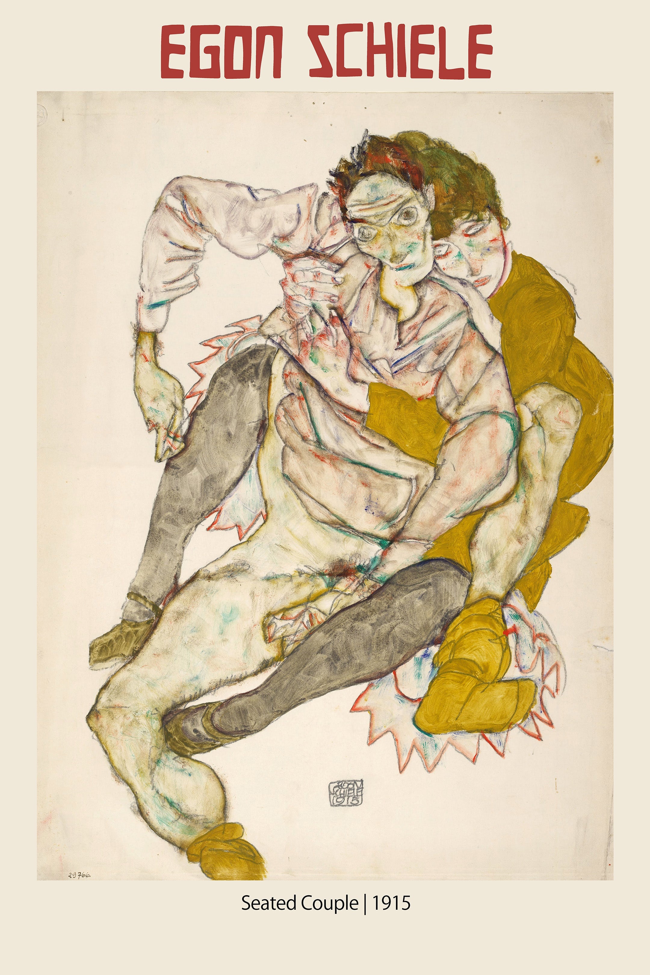 Egon Schiele Seated Couple (1915) drawing featuring two highly expressive, intertwined figures rendered in raw watercolor and colored pencil.
