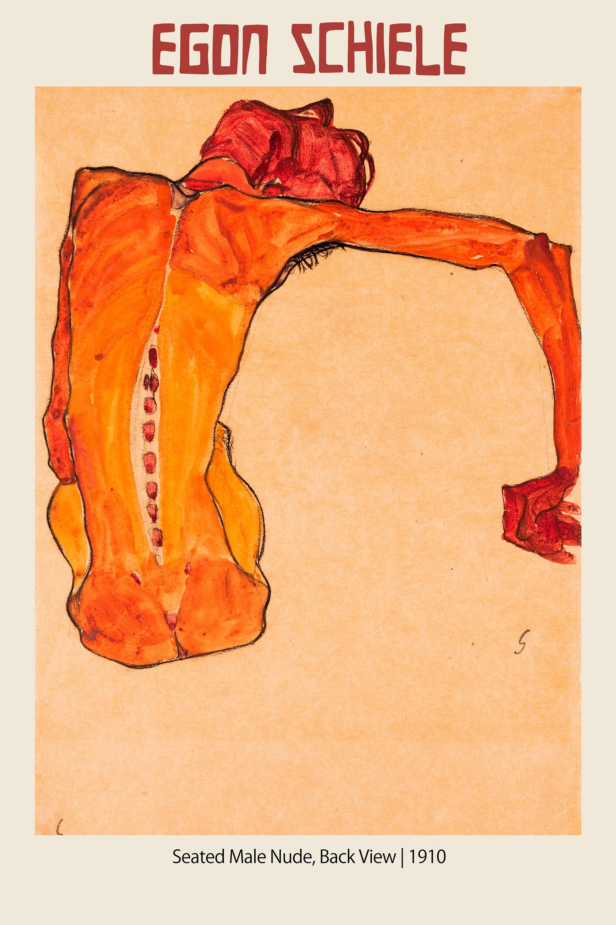Egon Schiele's 1910 drawing, Seated Male Nude, Back View. An expressionist watercolor in fiery orange and red tones highlighting the spine and figure.