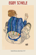 Egon Schiele's 1917 watercolor, "Seated Woman, Back View," showing a figure in a vivid blue and striped jacket. Expressionist art print.