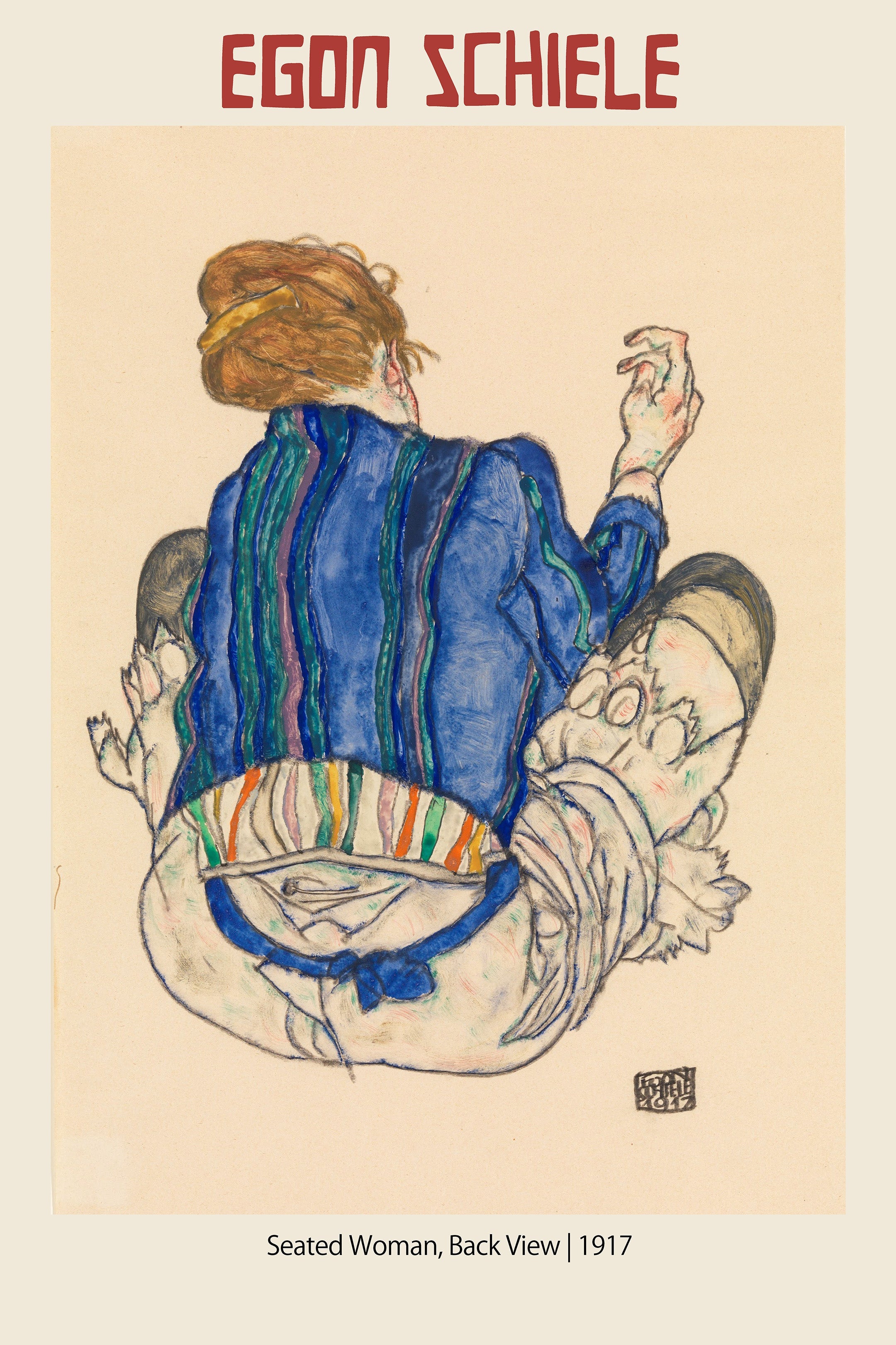 Egon Schiele's 1917 watercolor, "Seated Woman, Back View," showing a figure in a vivid blue and striped jacket. Expressionist art print.
