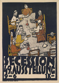 Egon Schiele poster art depicting abstracted figures gathered around a table; dark blue, ochre, and brown colors; Secession 49. Ausstellung text.