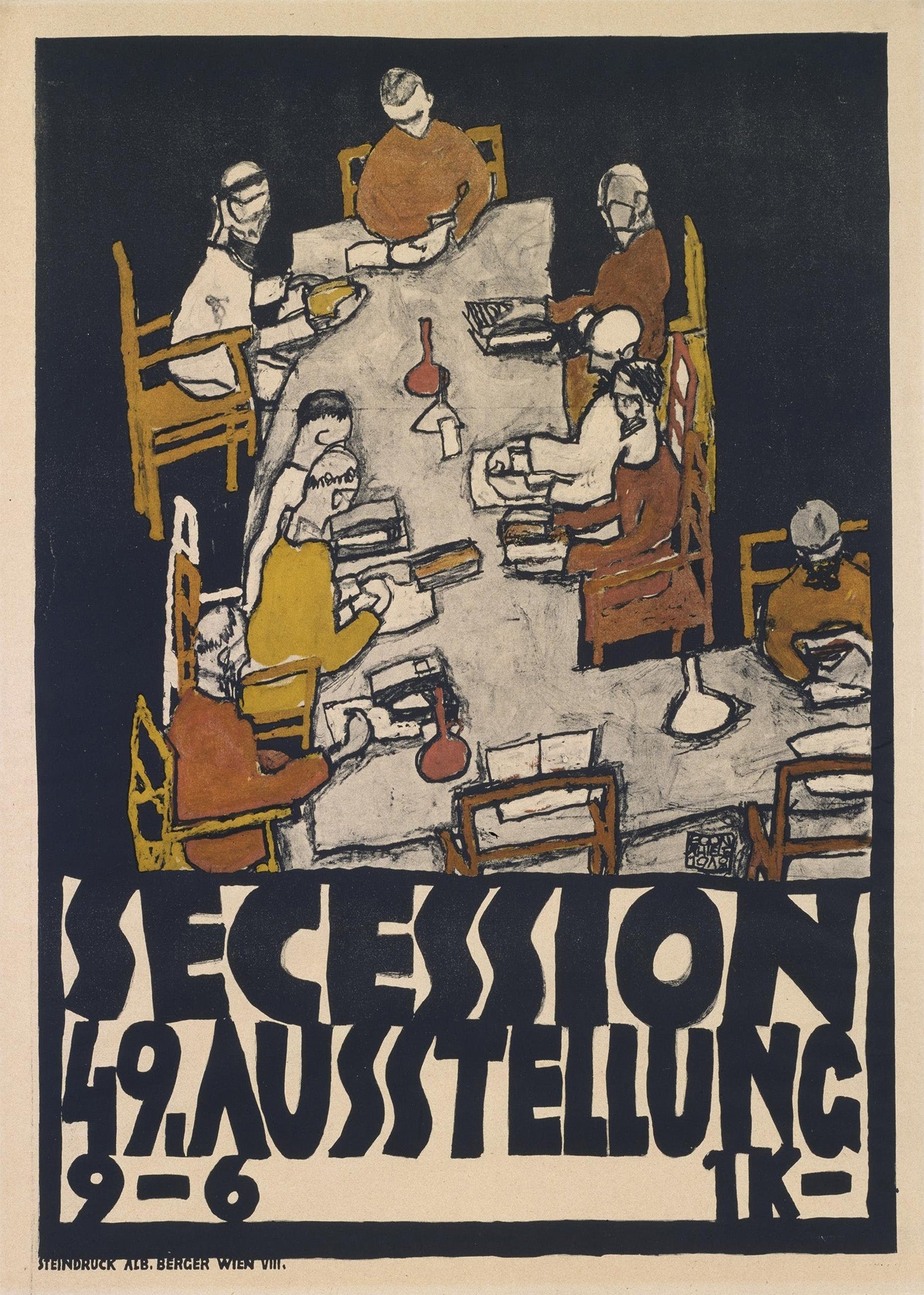 Egon Schiele poster art depicting abstracted figures gathered around a table; dark blue, ochre, and brown colors; Secession 49. Ausstellung text.