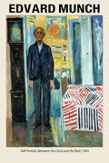 Oil painting by Edvard Munch depicting the artist standing formally between a dark grandfather clock and a vividly patterned bed, using blue and yellow hues.