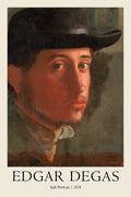 Oil painting self-portrait of a young Edgar Degas in 1858, wearing a dark hat and suit jacket, with a dramatic red flush on his face.