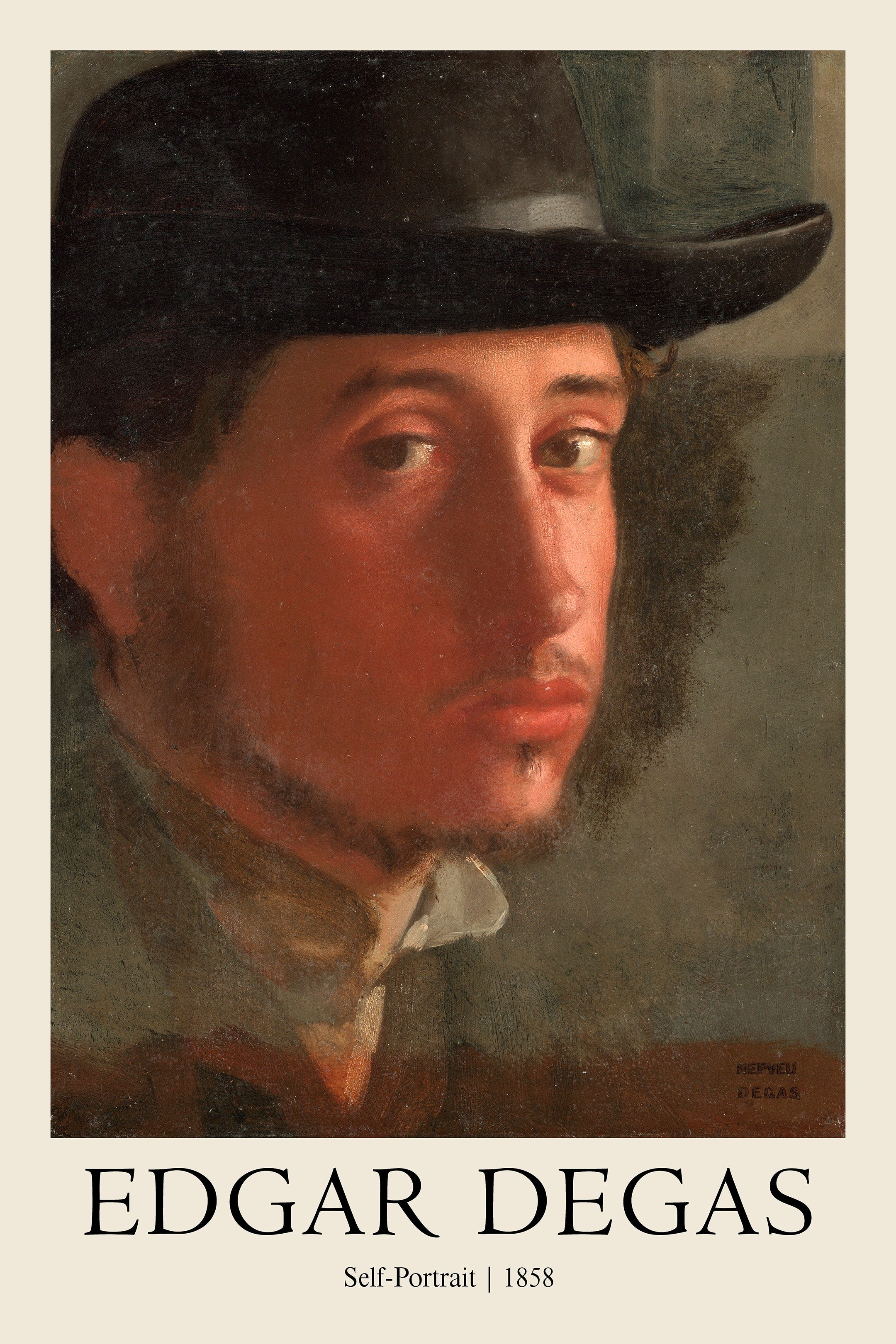 Oil painting self-portrait of a young Edgar Degas in 1858, wearing a dark hat and suit jacket, with a dramatic red flush on his face.