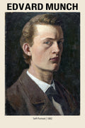 Edvard Munch's 1882 self-portrait, an oil painting depicting the young Norwegian artist in formal dark clothing against a textured black background.