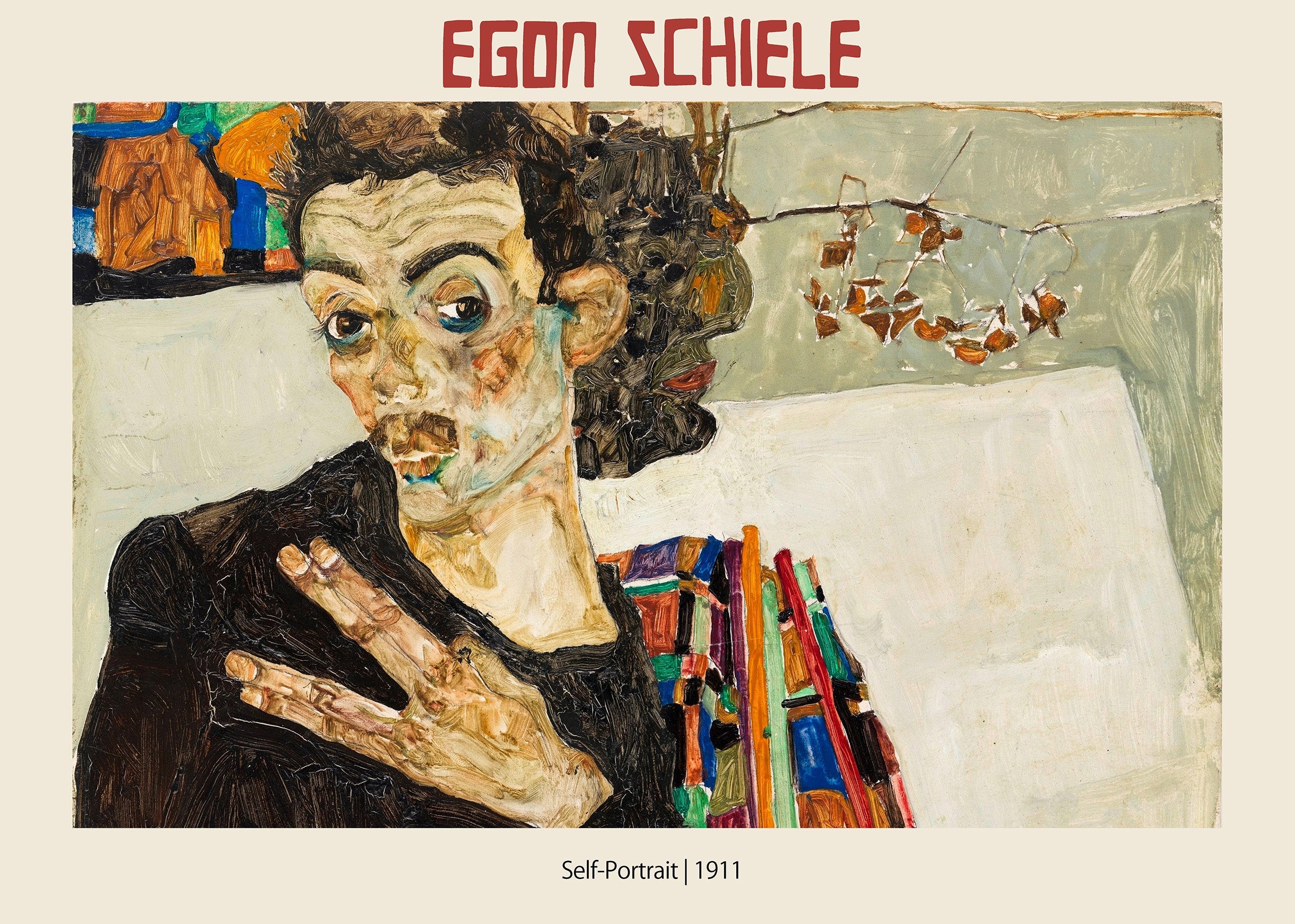 Distorted and intense self-portrait painting by Egon Schiele (1911), showing the artist's face and prominent hand with rough, impasto strokes.