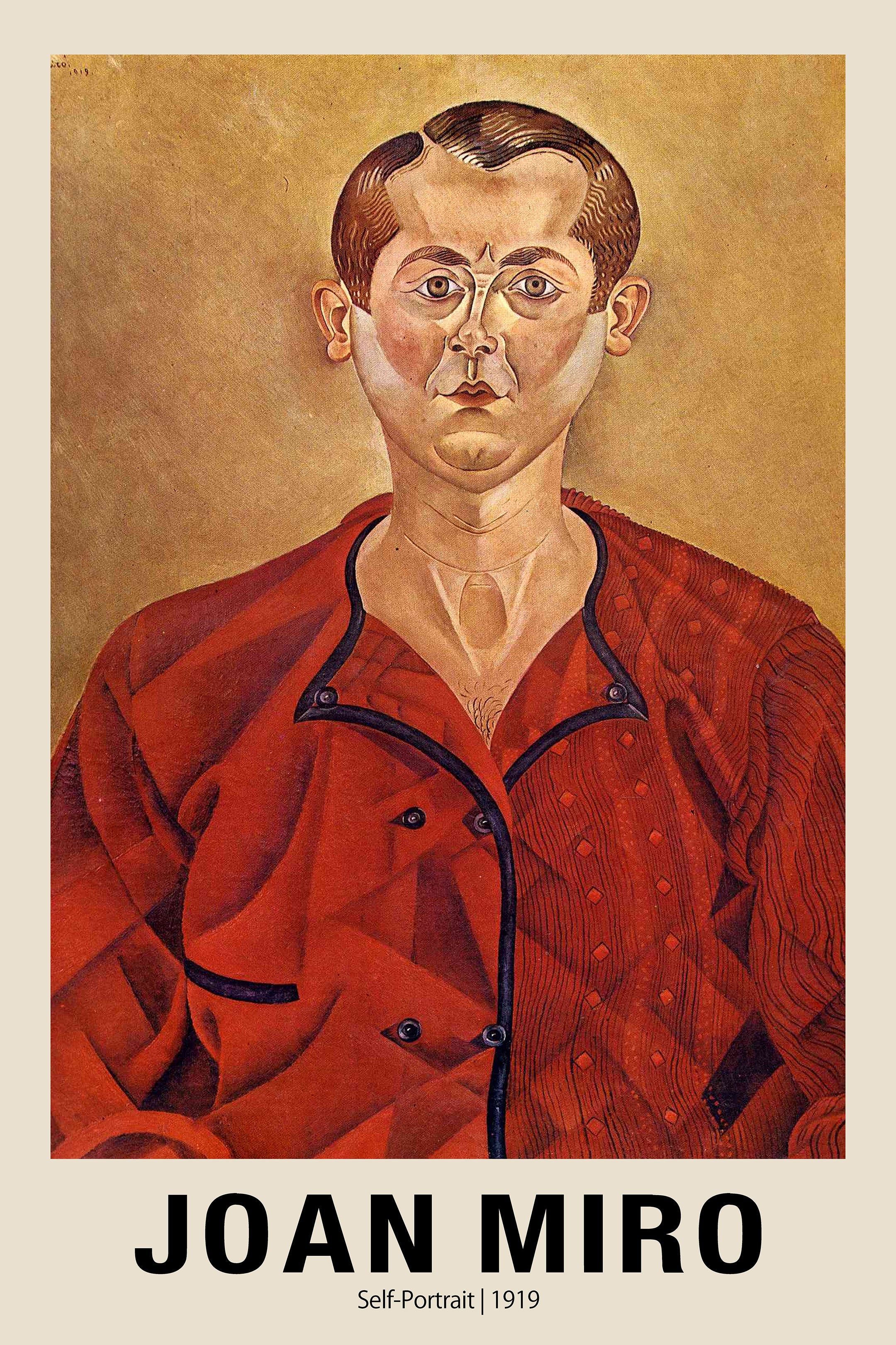 Full color portrait of artist Joan Miró from 1919, featuring geometric face planes and an intense gaze, wearing a textured red collared shirt.