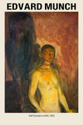 Oil painting by Edvard Munch titled "Self-Portrait in Hell" (1903), featuring a raw, yellow-skinned nude figure against a dark, fiery backdrop.