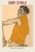 Egon Schiele's 1914 expressionist self-portrait drawing, showing the artist in a bright yellow vest and a tense, lean pose.